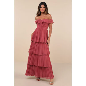 Lulus Always Remarkable Rusty Rose Pleated Off-the-shoulder Maxi Dress Pink